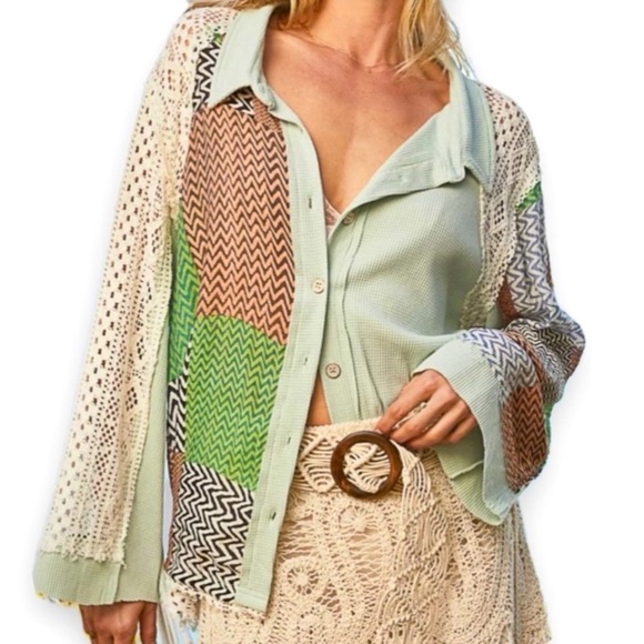 POL Color Block Crochet Long sleeve button down shirt  Oversized Large - Picture 5 of 11